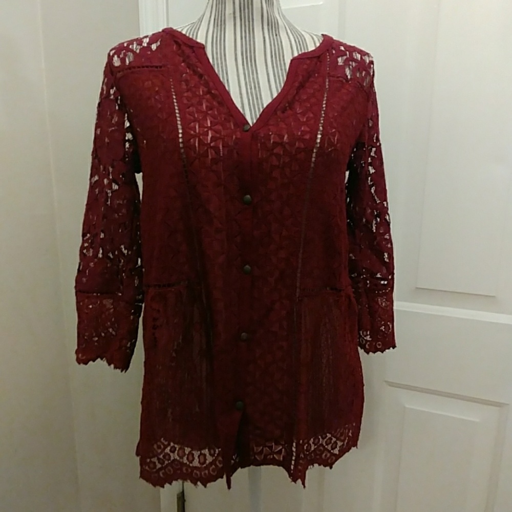 πLucky Brand Wine π·Lace Top - Picture 1 of 5